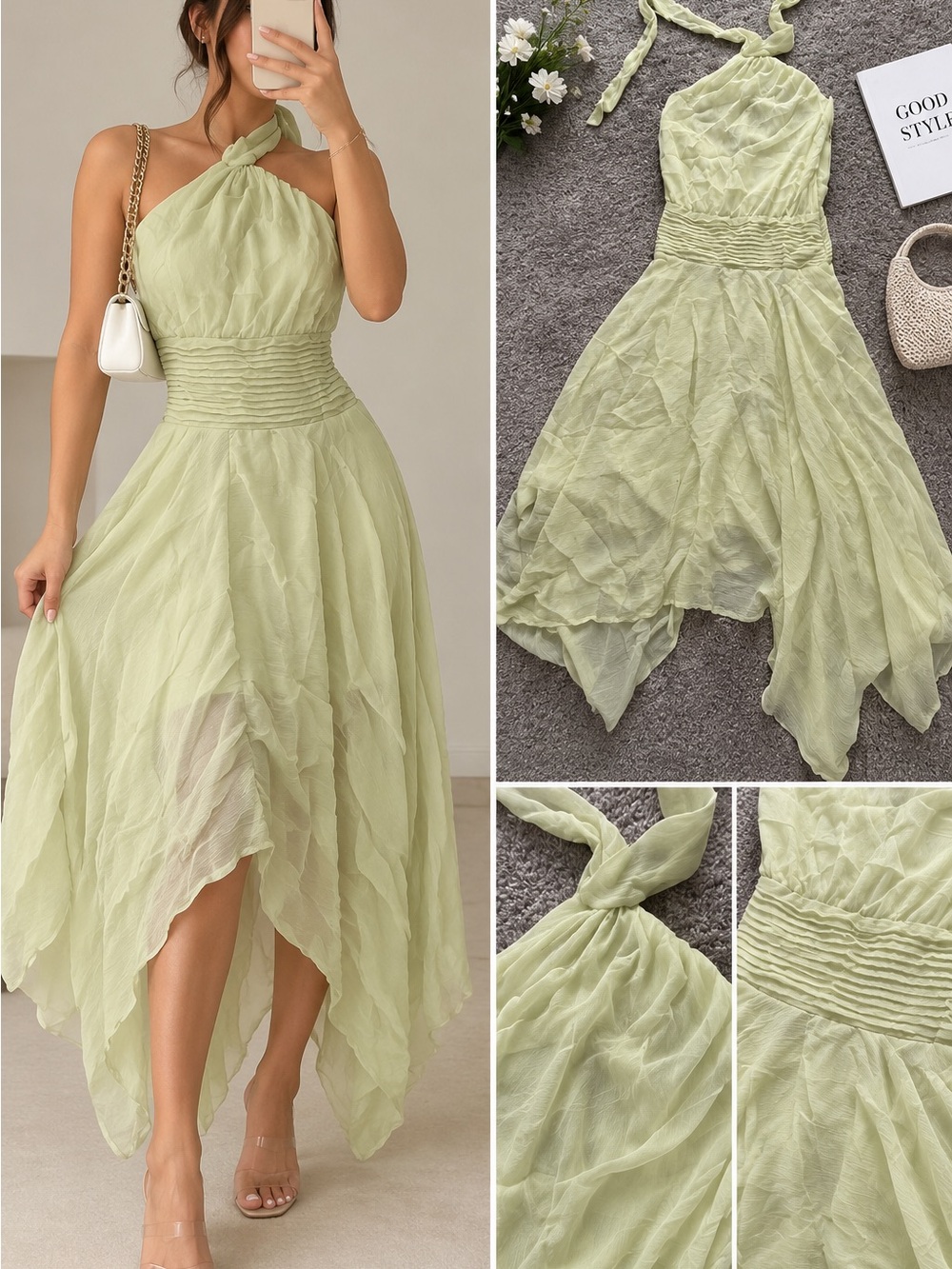 Light Green Halter Midi Dress with Smocked Waist